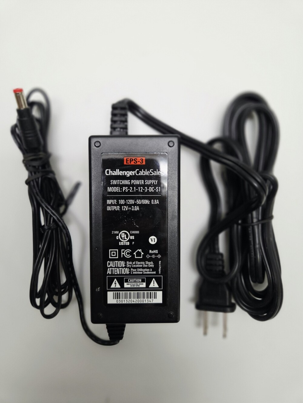EPS-3 Challenger PS-2.1-12-3-DC-U-S 12V 3.0A Power Adapter + Wall Plug